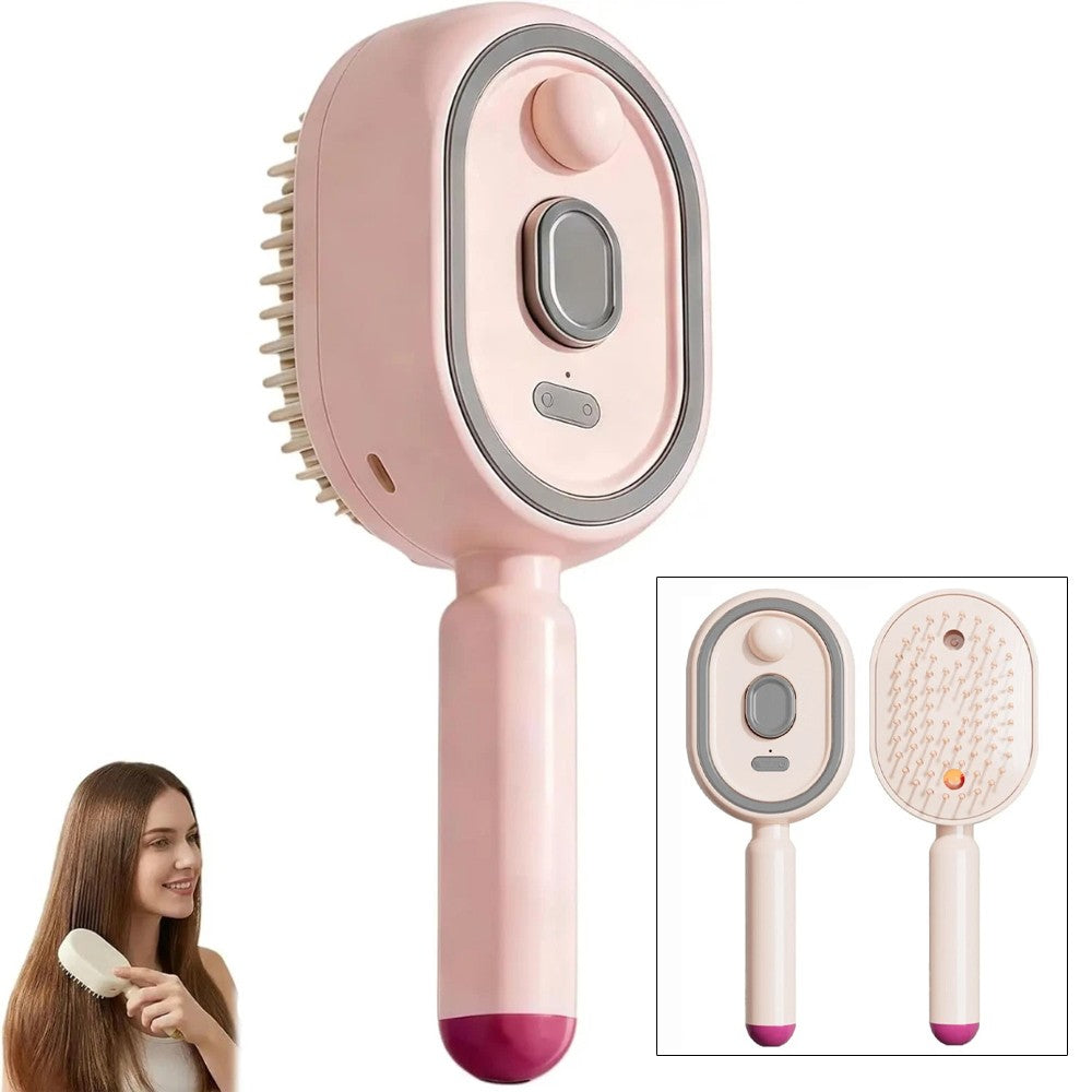 Rechargeable Electric Spray Hair Comb with Mist & Red Light Therapy Pink
