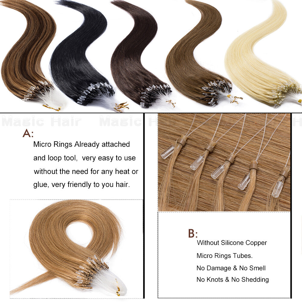 100% Real Remy Hair Extensions Micro Loop Ring Beads 100g/200 Strands