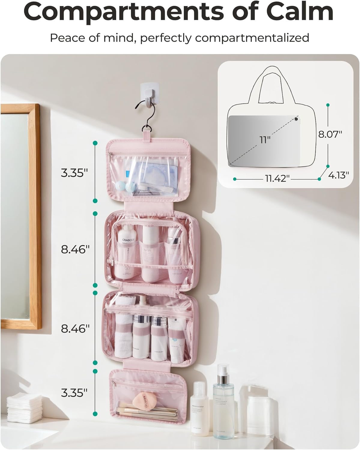 Travel Toiletry Bag for Women Waterproof Makeup Organizer with Hanging Hook
