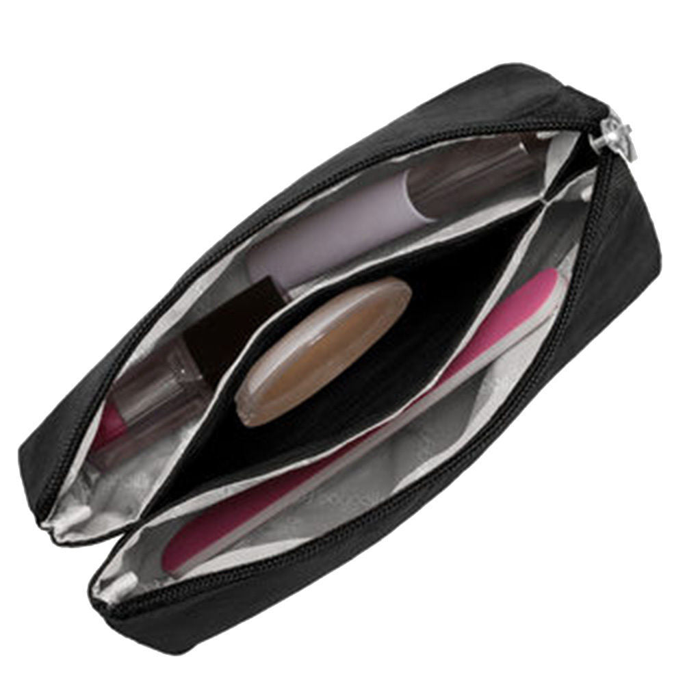 Cosmetic Bag with Multiple Compartments - Gold-Tone Hardware, Black Basket Print