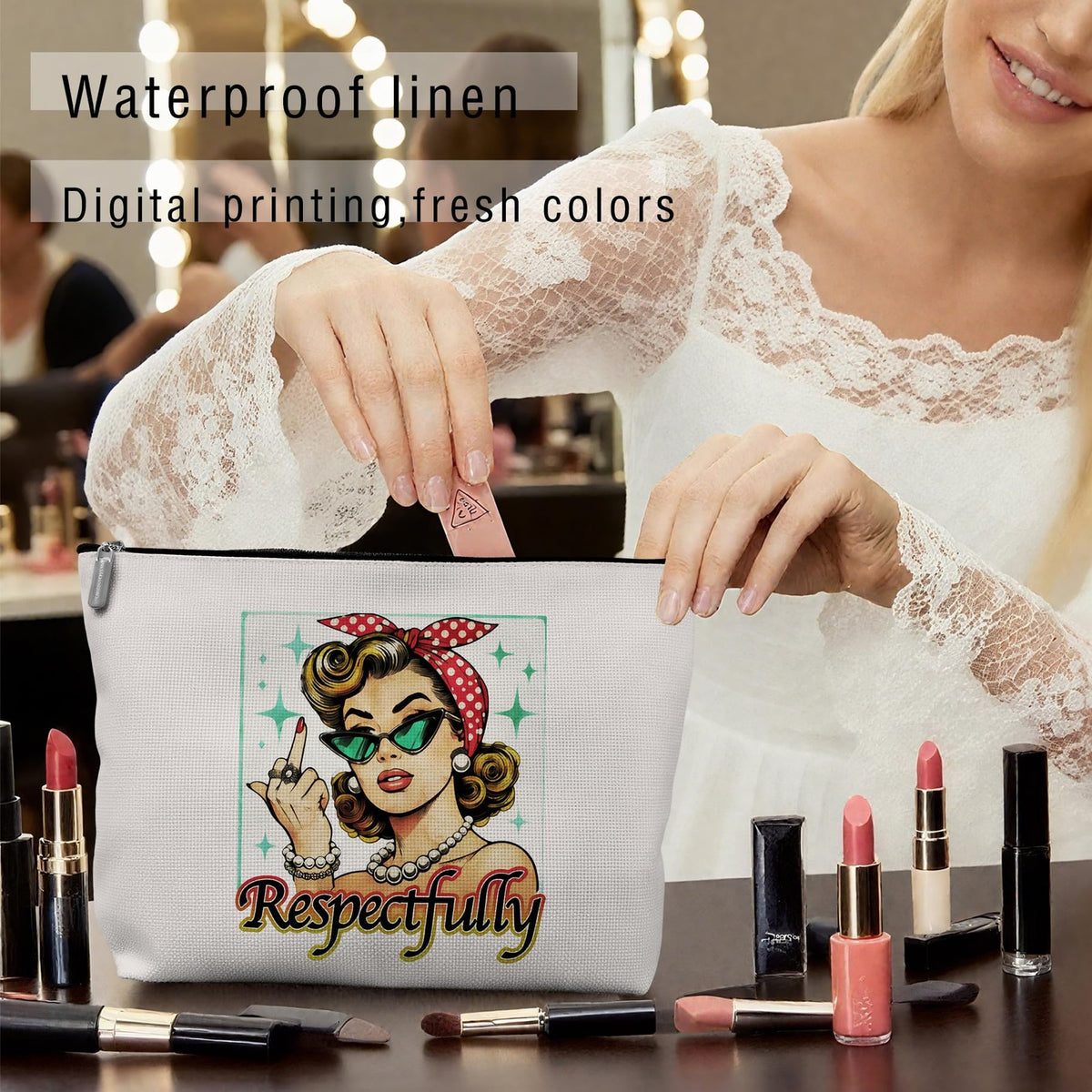 Retro Pinup Makeup Bag - Vintage Pink Feminist Cosmetic Case