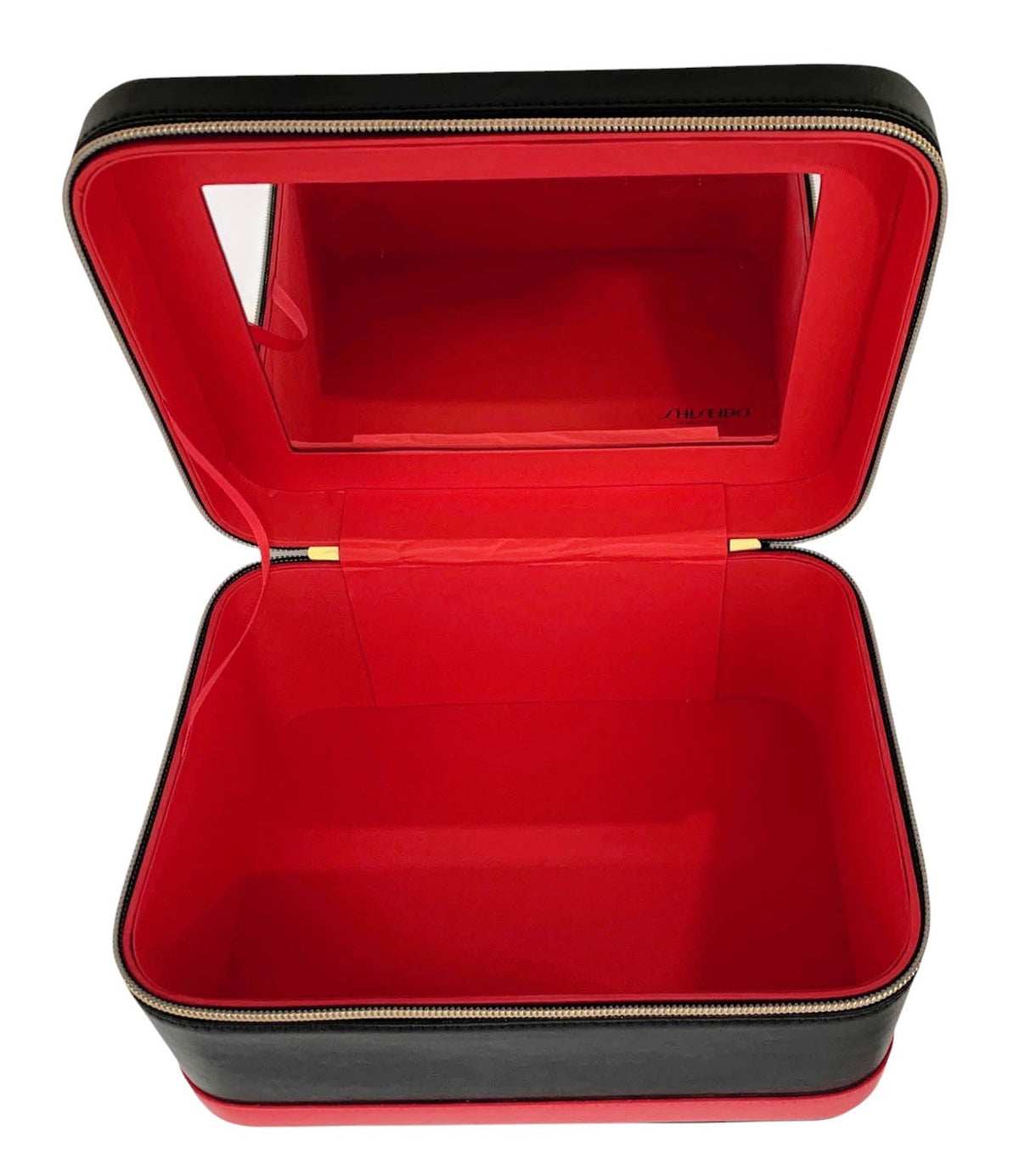 Large Leather Cosmetic Storage Box with Mirror - Black & Red Organizer