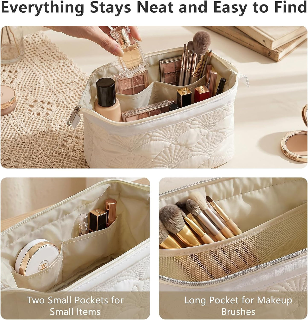 Travel Makeup Bag for Women - White Shell Padded Cosmetic Pouch with Wide Opening