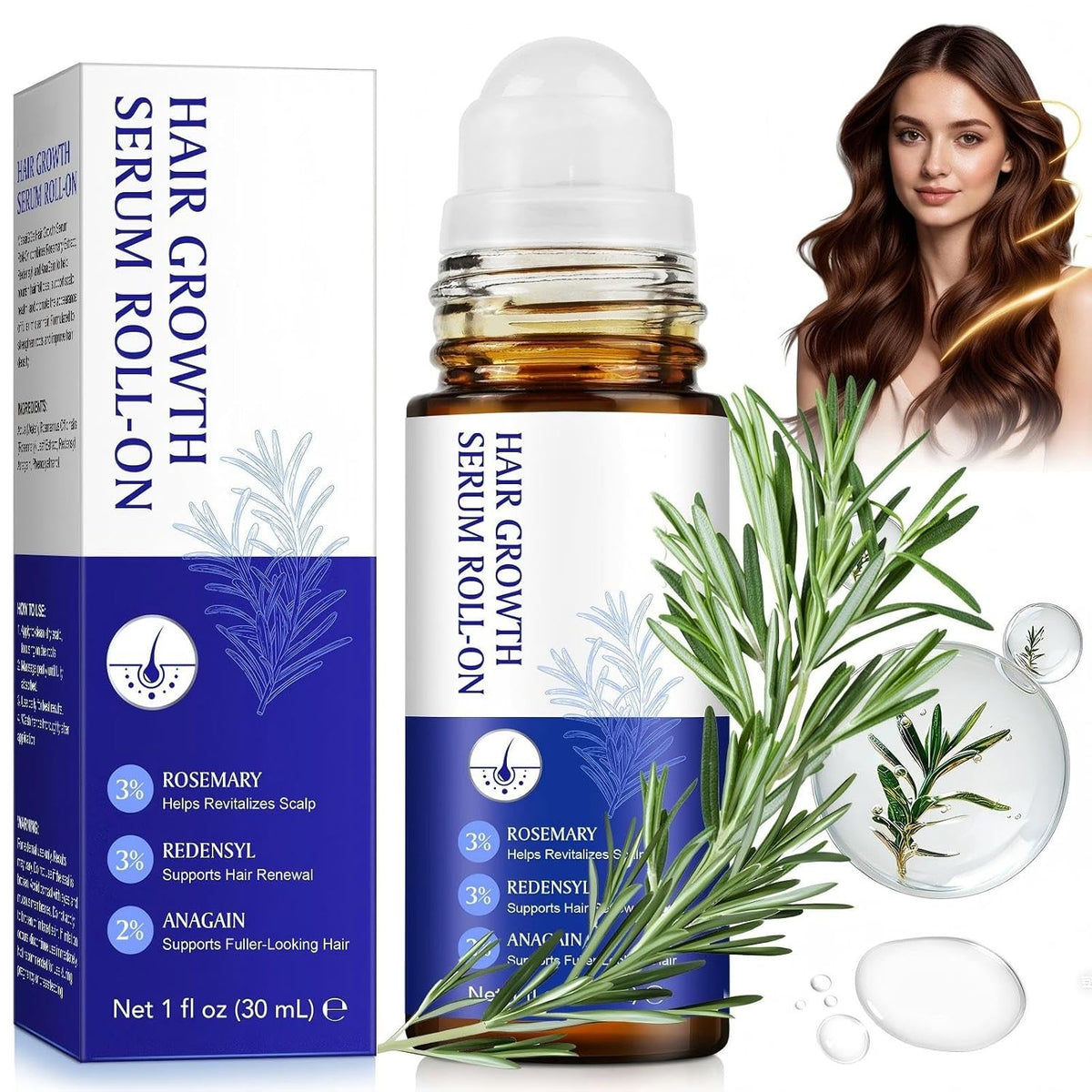 Hair Growth Serum Roll On, 30ml Oil with 3% Rosemary, Redensyl, 2