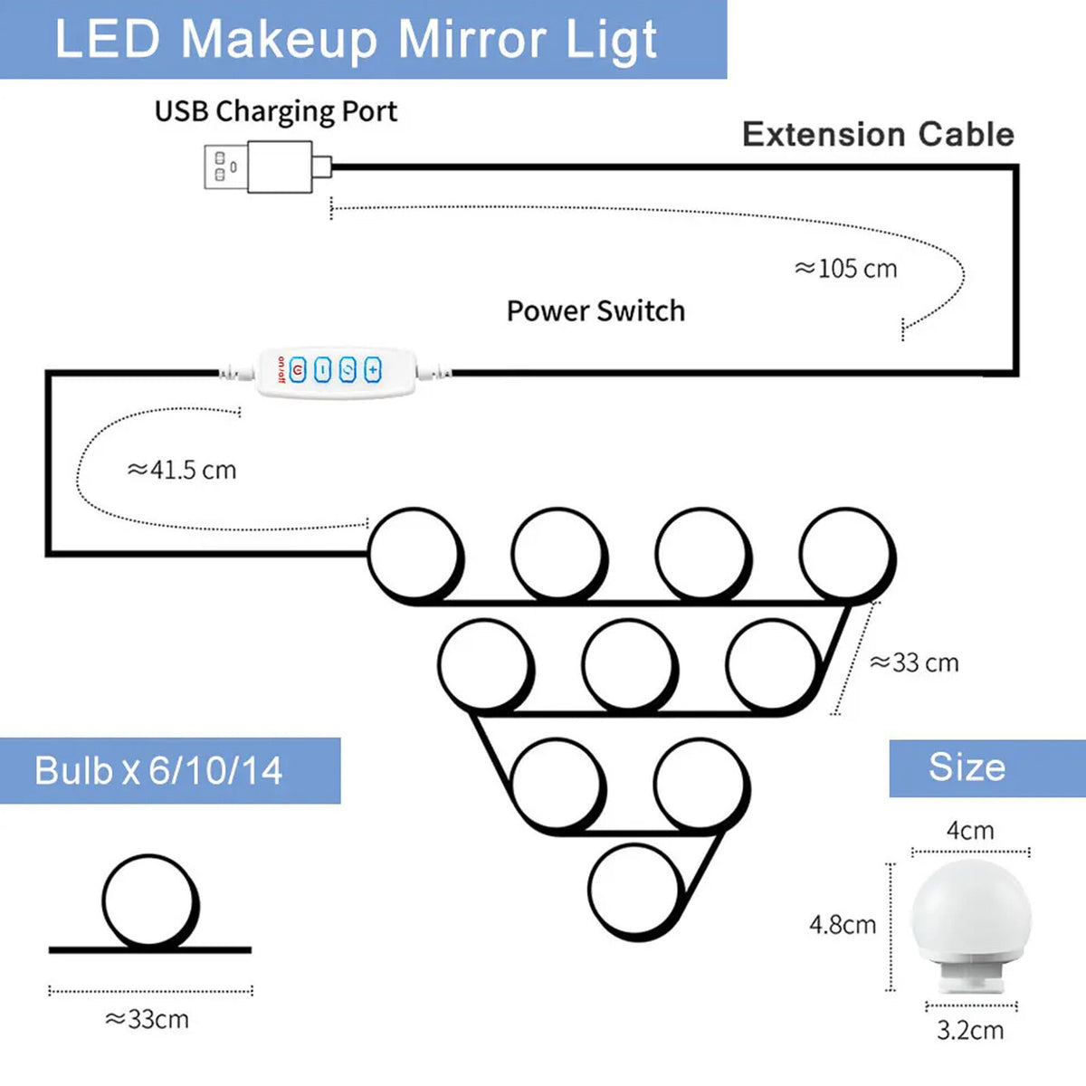 Dimmable LED Vanity Lights for Mirror - Hollywood Style 10 Bulbs