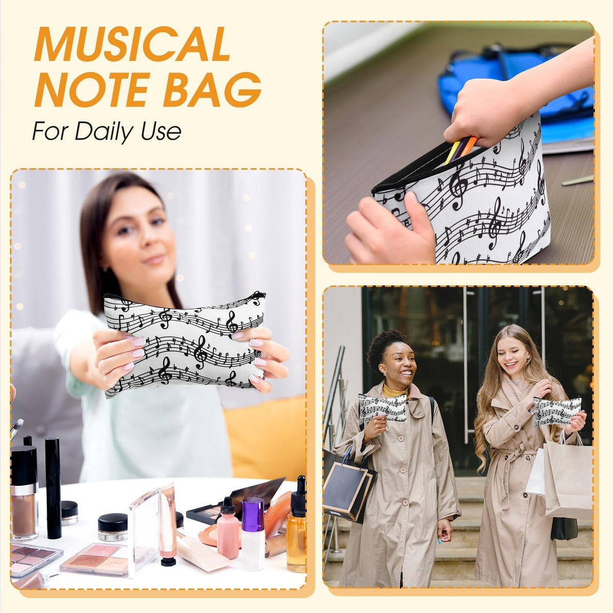 Musical Note Makeup Bags Set - 10 Durable Cosmetic Travel Pouches