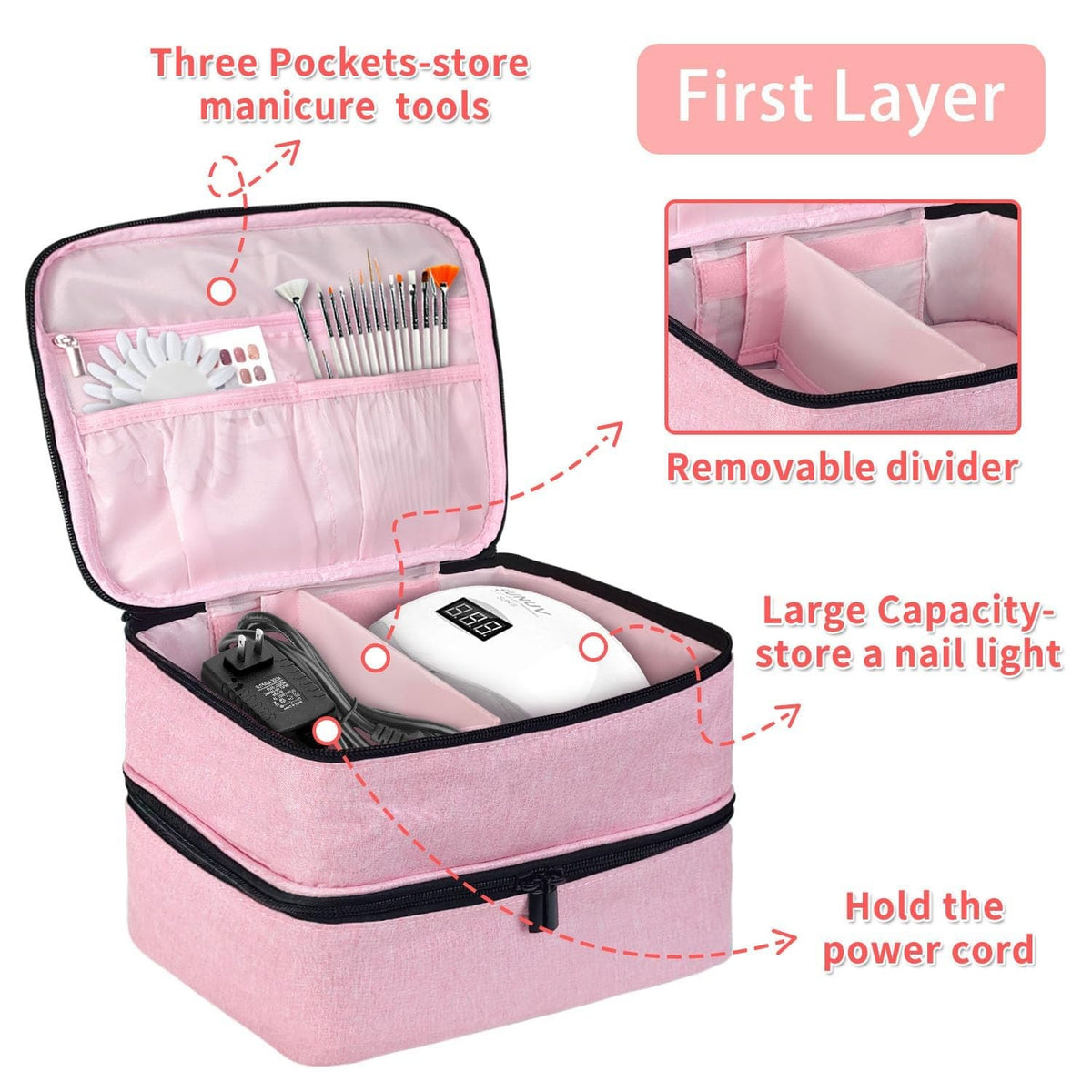 Pink Nail Polish Storage Bag Holds 30 Bottles & Lamp Kit Organizer