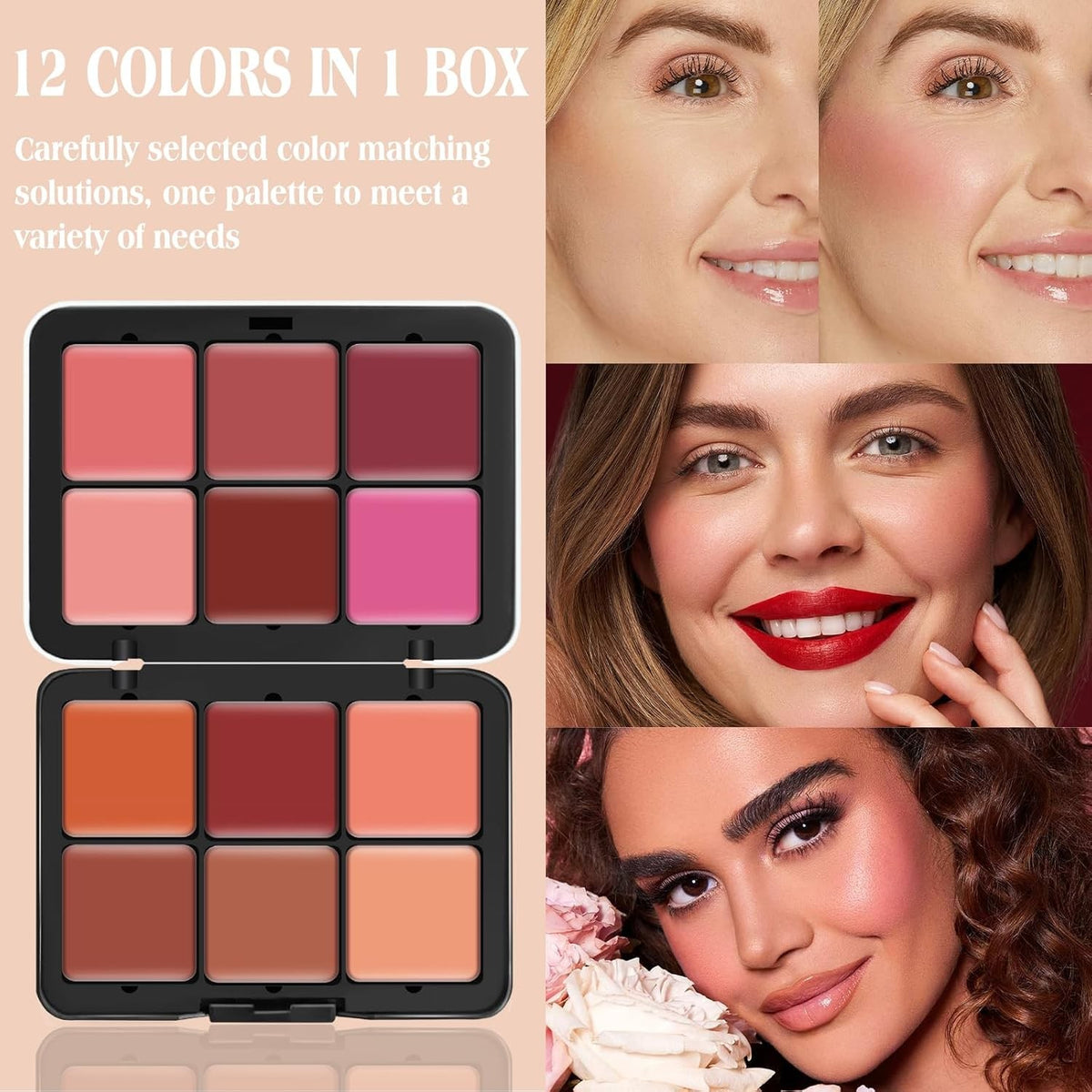 12-Color Cream Blush Palette for Cheeks - Waterproof, Long Wear Face Makeup