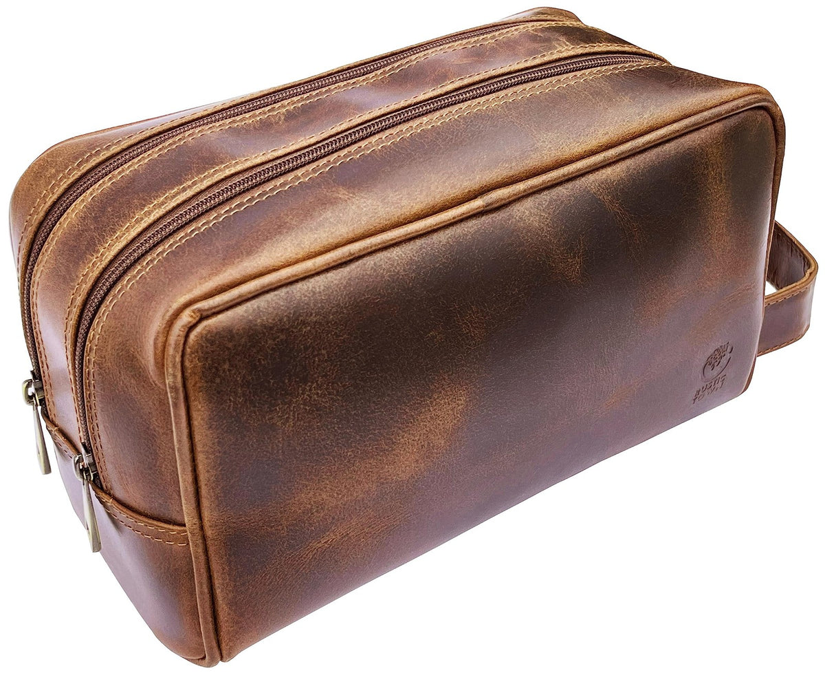 Antique Brown Leather Travel Toiletry Bag for Men and Women - Shaving & Cosmetic Organizer