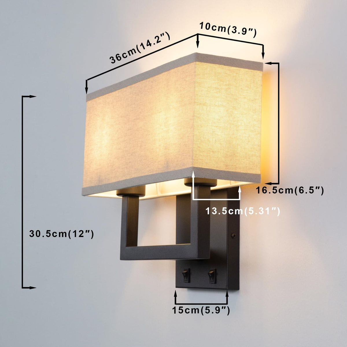 2-Light Linen Fabric Wall Sconce with On/Off Switch - Black Finish