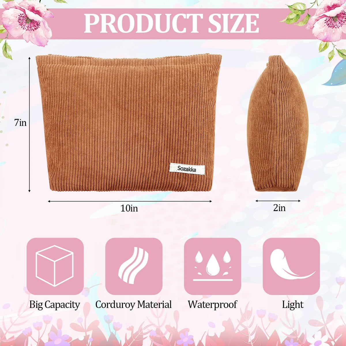 Large Corduroy Makeup Bag Set - 12 Color Travel Cosmetic Pouches 10x7 Inches