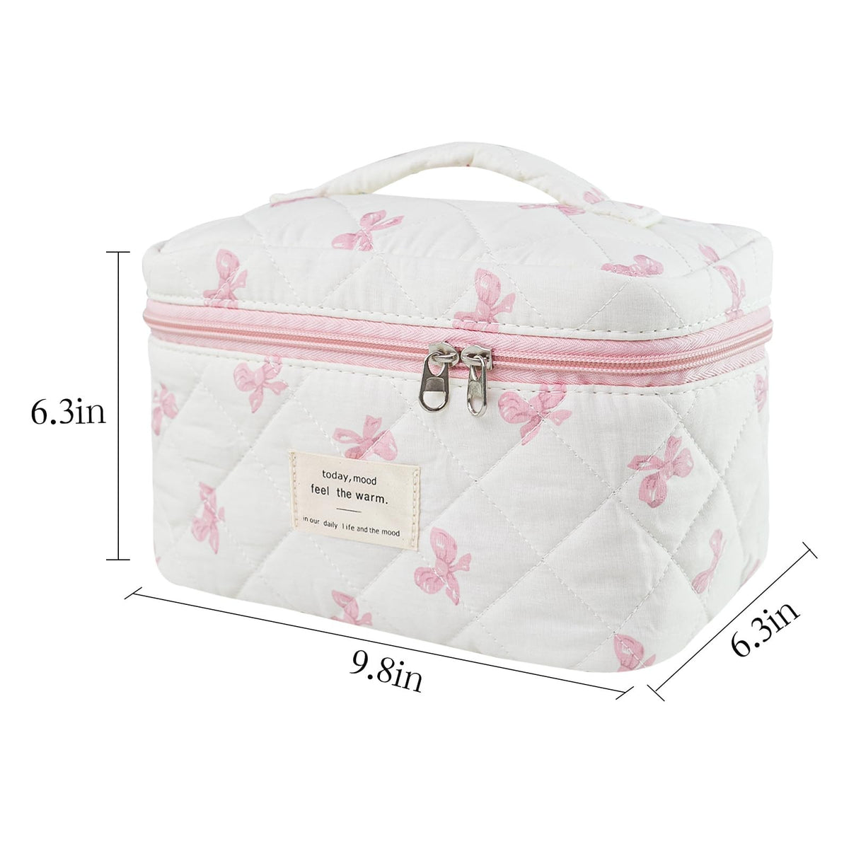 Pink Quilted Makeup Bag with Bow - Large Cosmetic Organizer 9.8x6.3x6.3 Inches