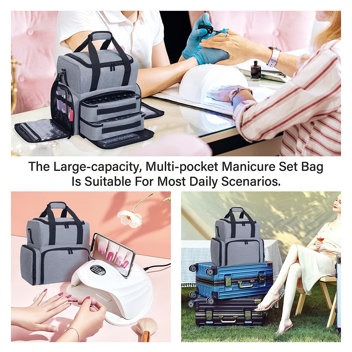 Grey Nail Polish Organizer 80-Bottle Capacity with Lamp & 2 Removable Bags