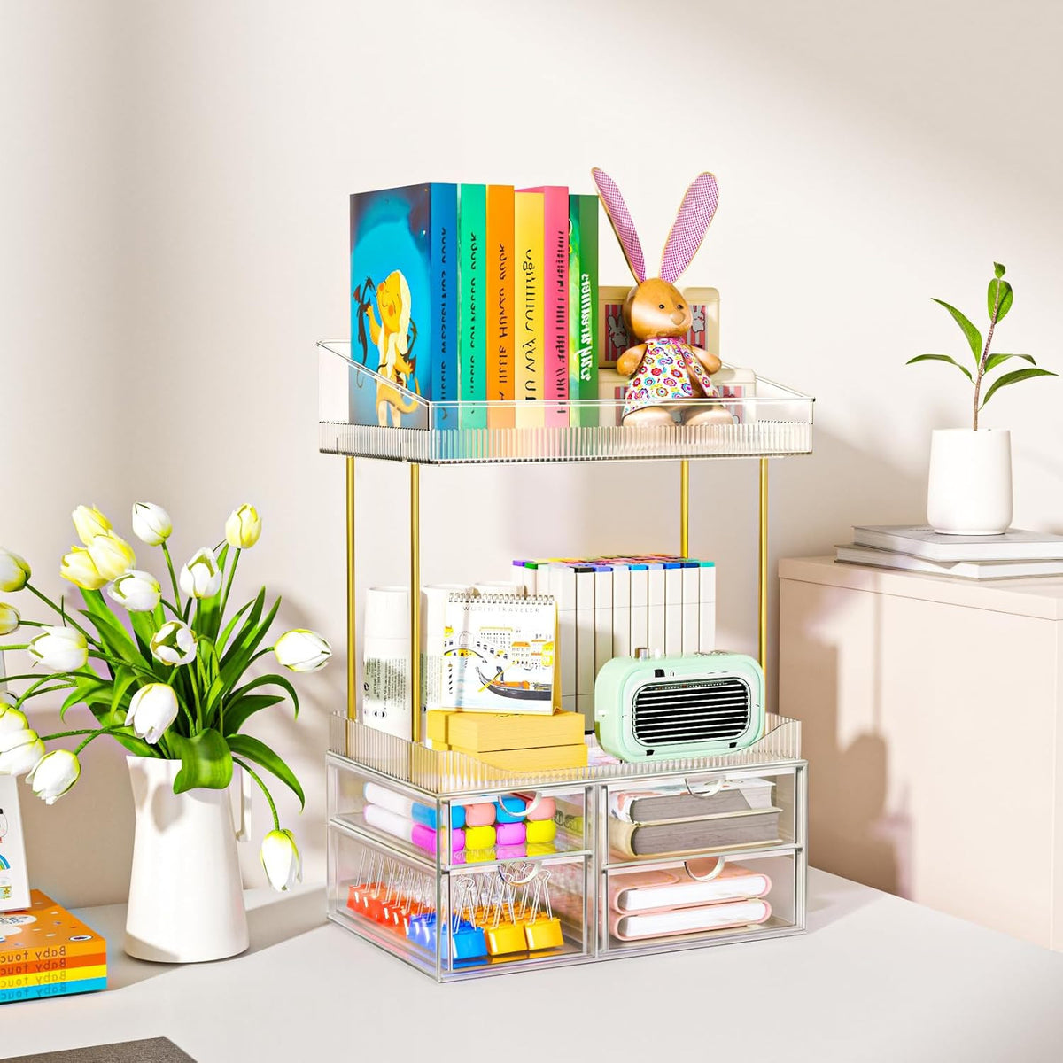 Transparent 4-Level Makeup Organizer with Drawers for Bathroom Storage