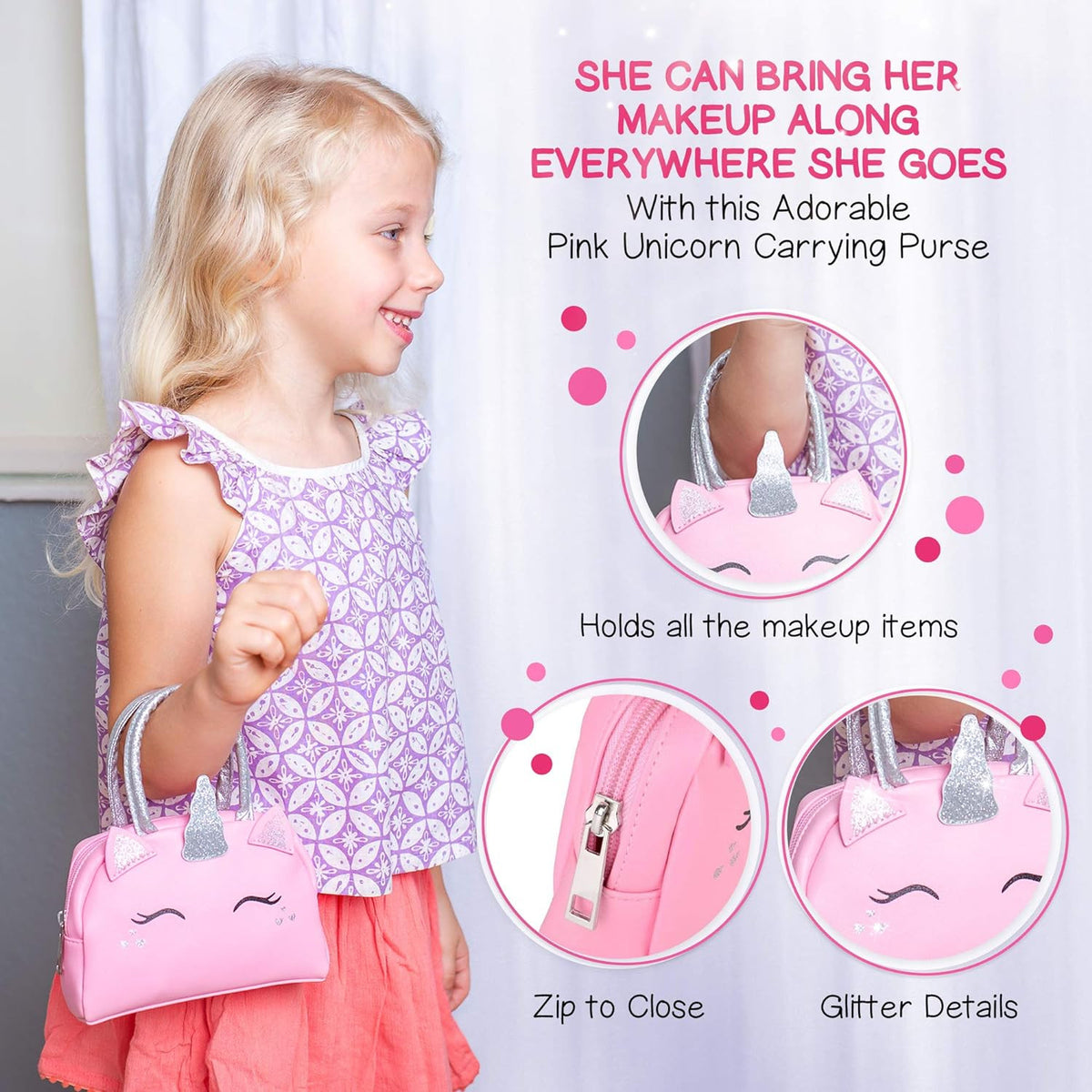 Kids Makeup Kit with Pink Unicorn Purse, Non-Toxic Washable Cosmetic Set for Girls