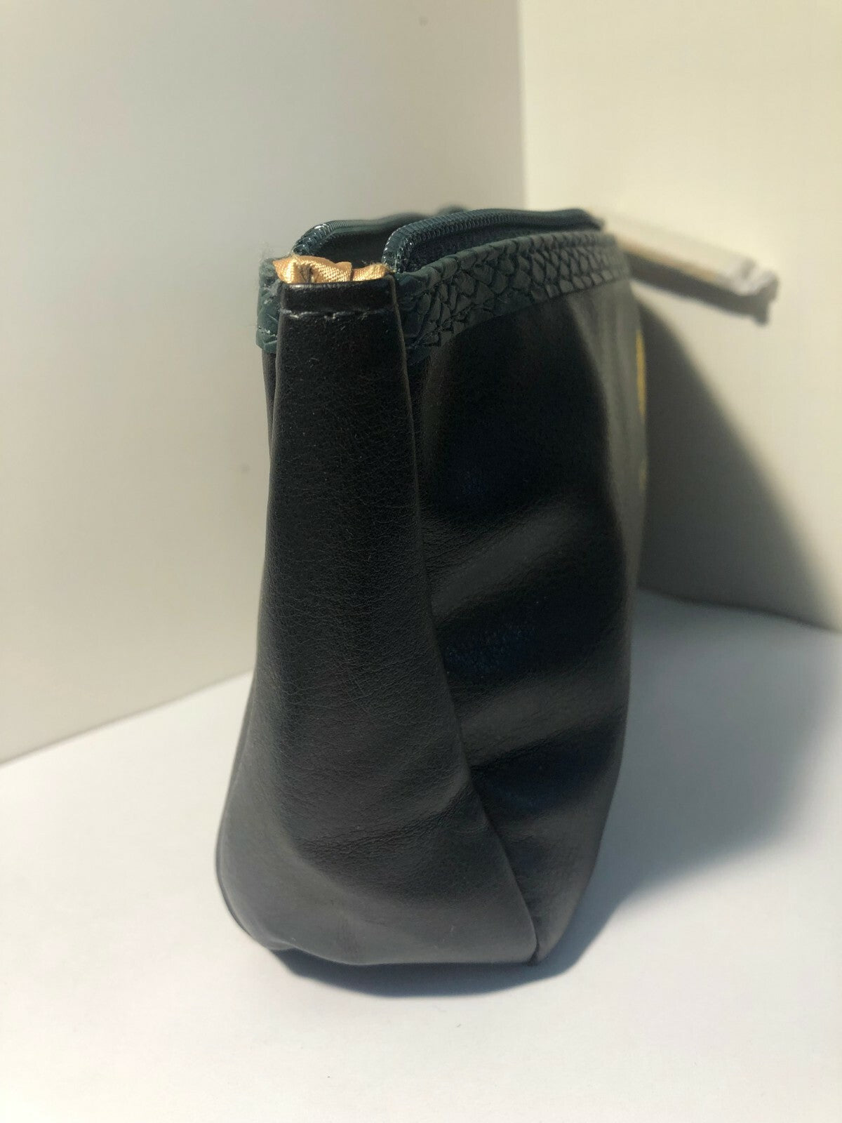 Cosmetic Makeup Bag Faux Leather with Green Zipper - Black