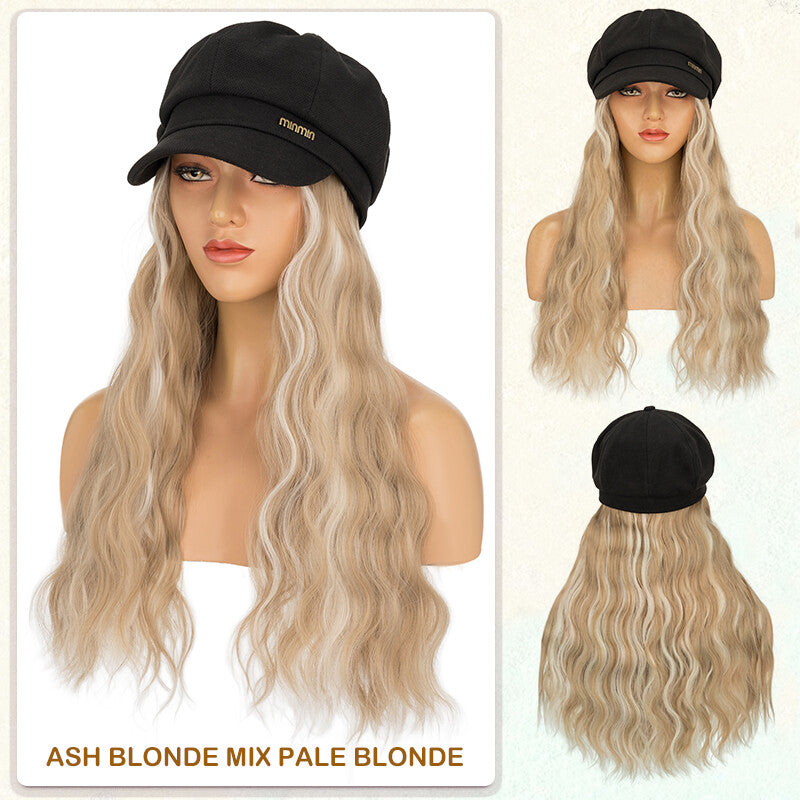 Unisex Wavy Long Hair Beret Cap with Synthetic Hair - Casual Hat Wig