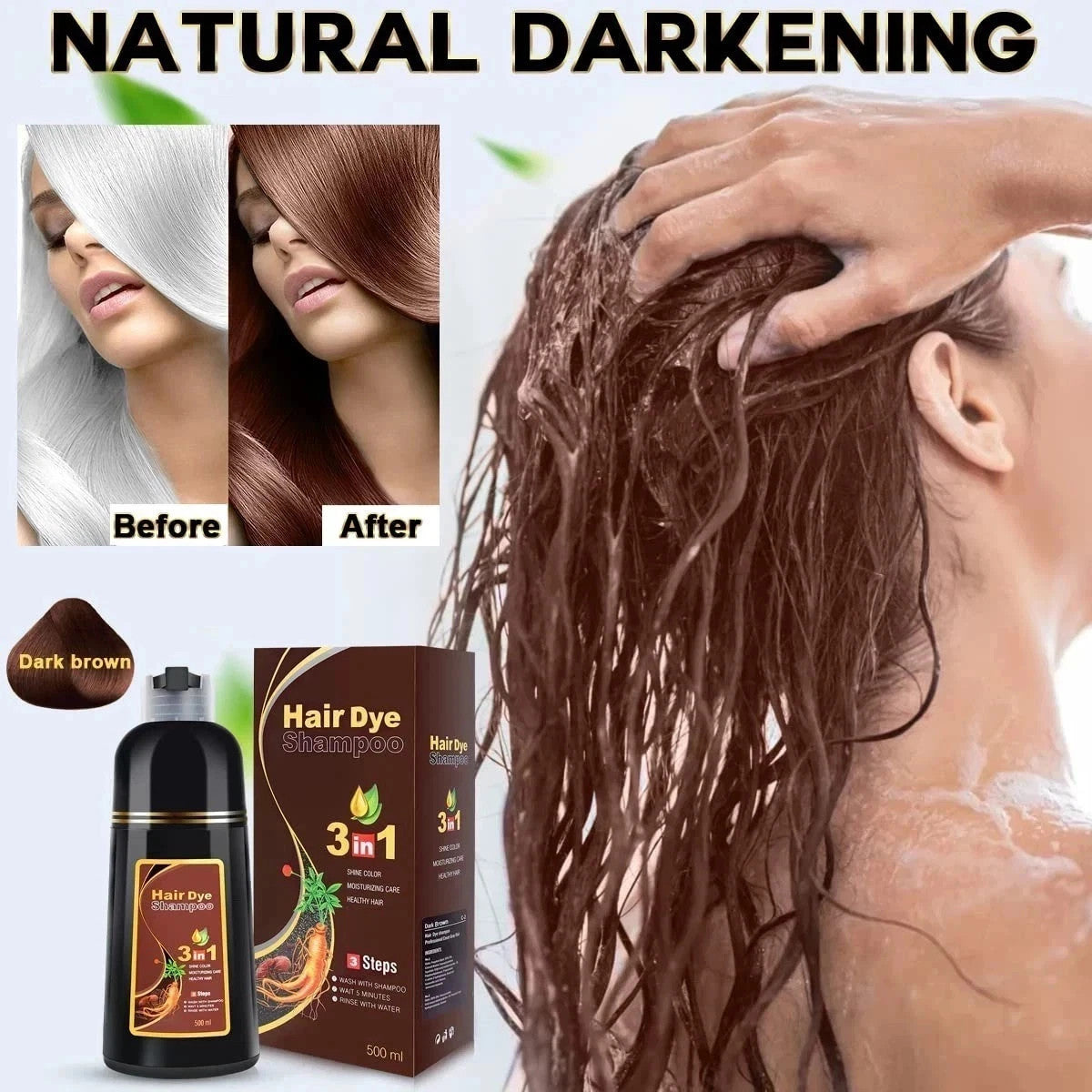 3-in-1 Hair Dye Shampoo – Plant-Based Gray Coverage, 500ml