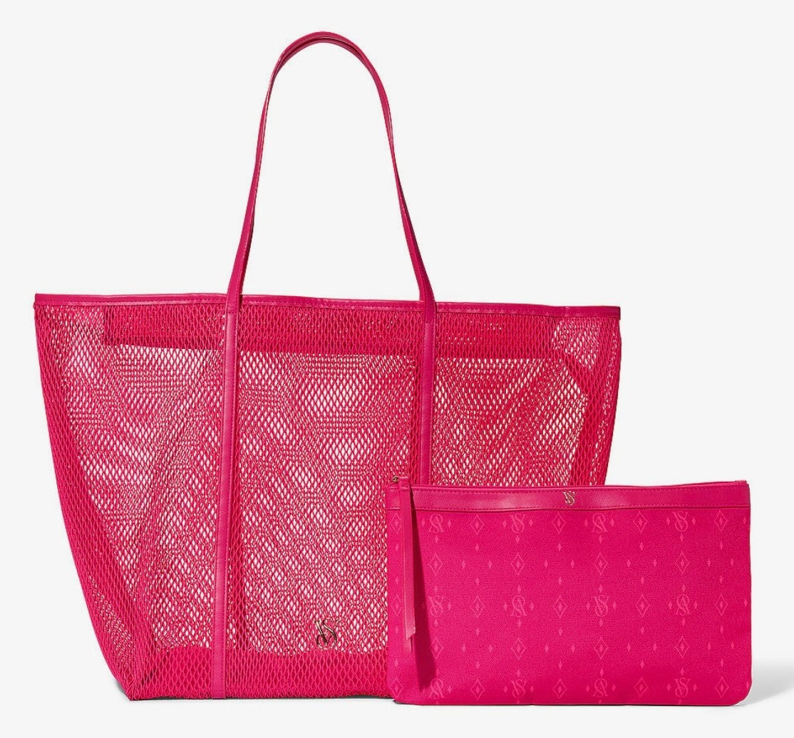 Victoria's Secret Pink Mesh Tote Bag Set Large Purse with Top Zip