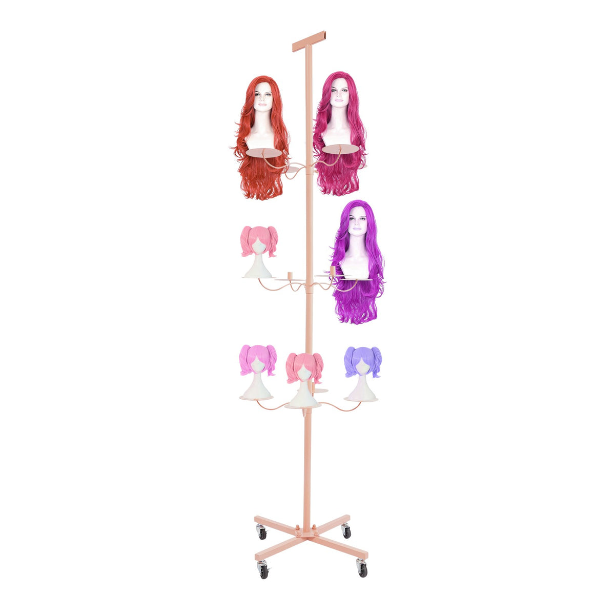 Pink 12-Head Heavy Duty Wig Stand Organizer with Rotating Tiers