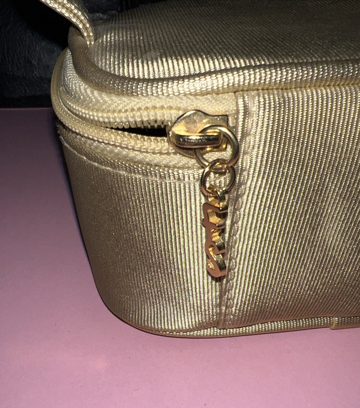 Vintage Gold Tone Top Handle Makeup Bag - Lined, Full Zip, New