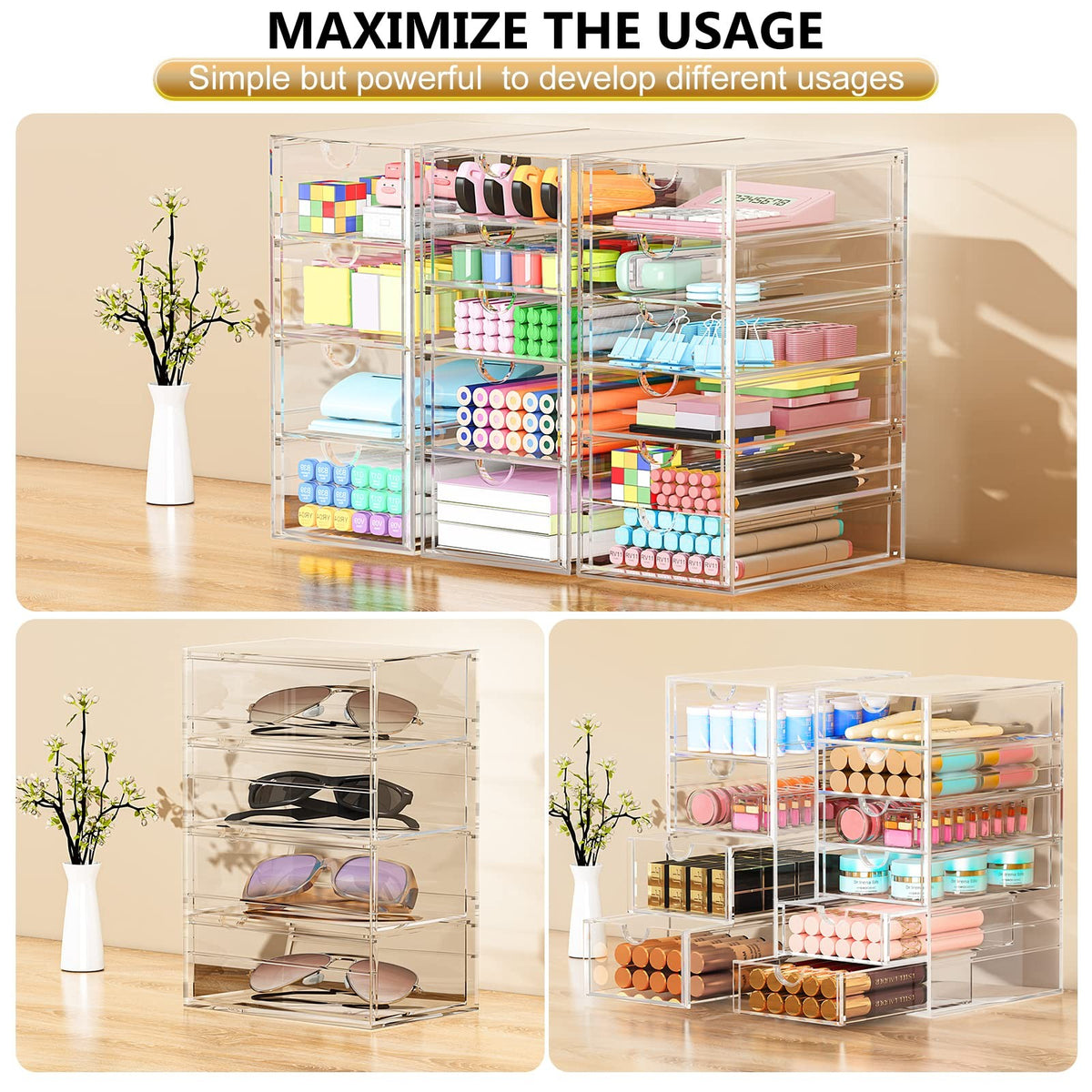Acrylic 3-Pack Makeup & Jewelry Organizer with 15 Drawers - Clear Storage Bin