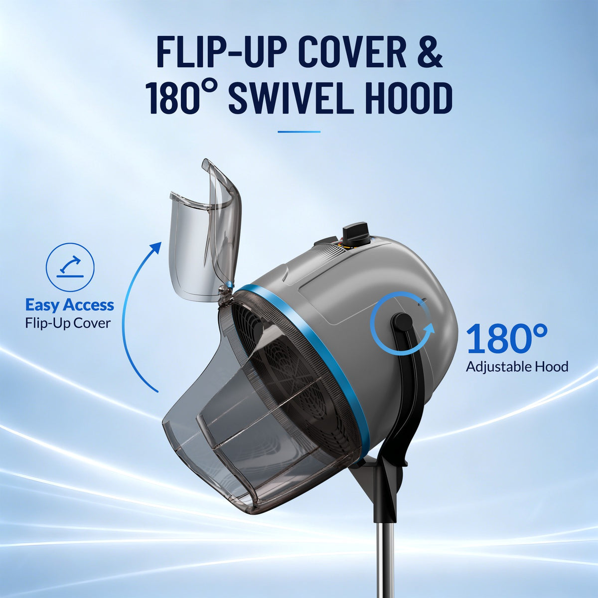 Pro Hooded Hair Dryer Adjustable Bonnet Stand Up with Wheels Grey