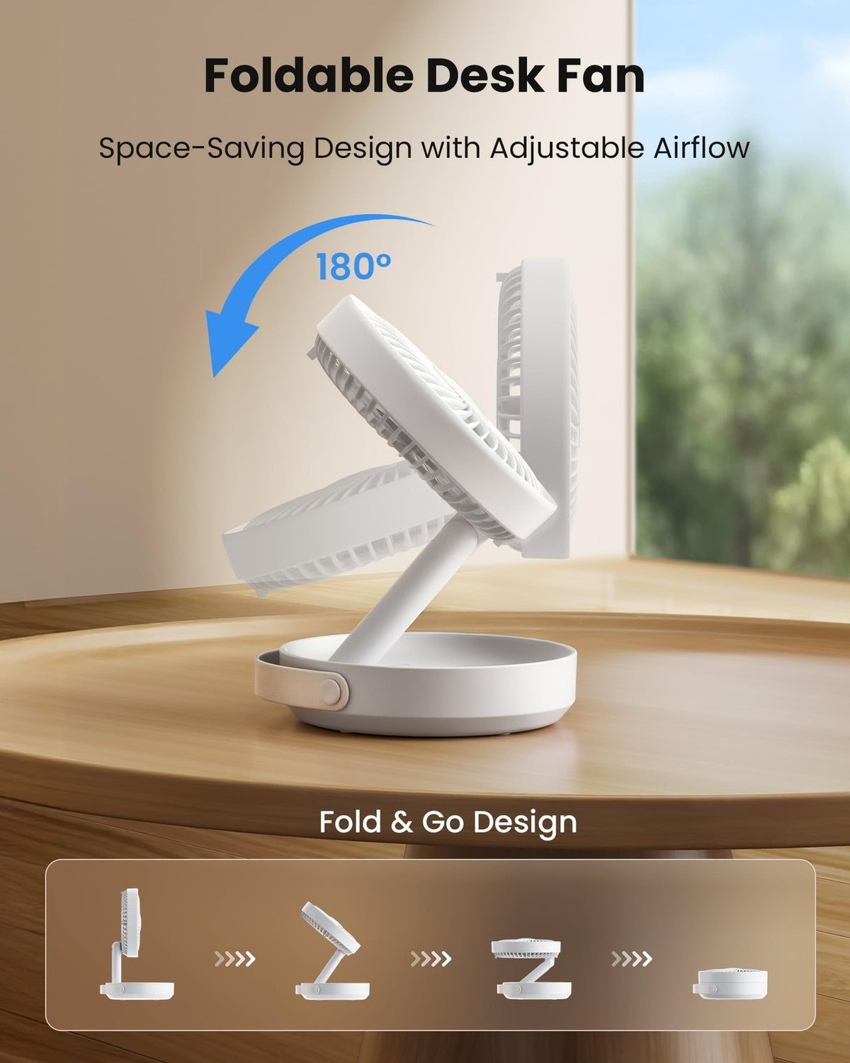 Foldable Desk Fan with Night Light, Portable 6.8in USB Rechargeable