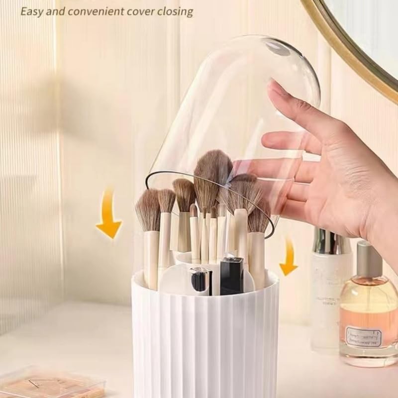 Rotating Makeup Brush Organizer with Lid - 360° Spin Storage