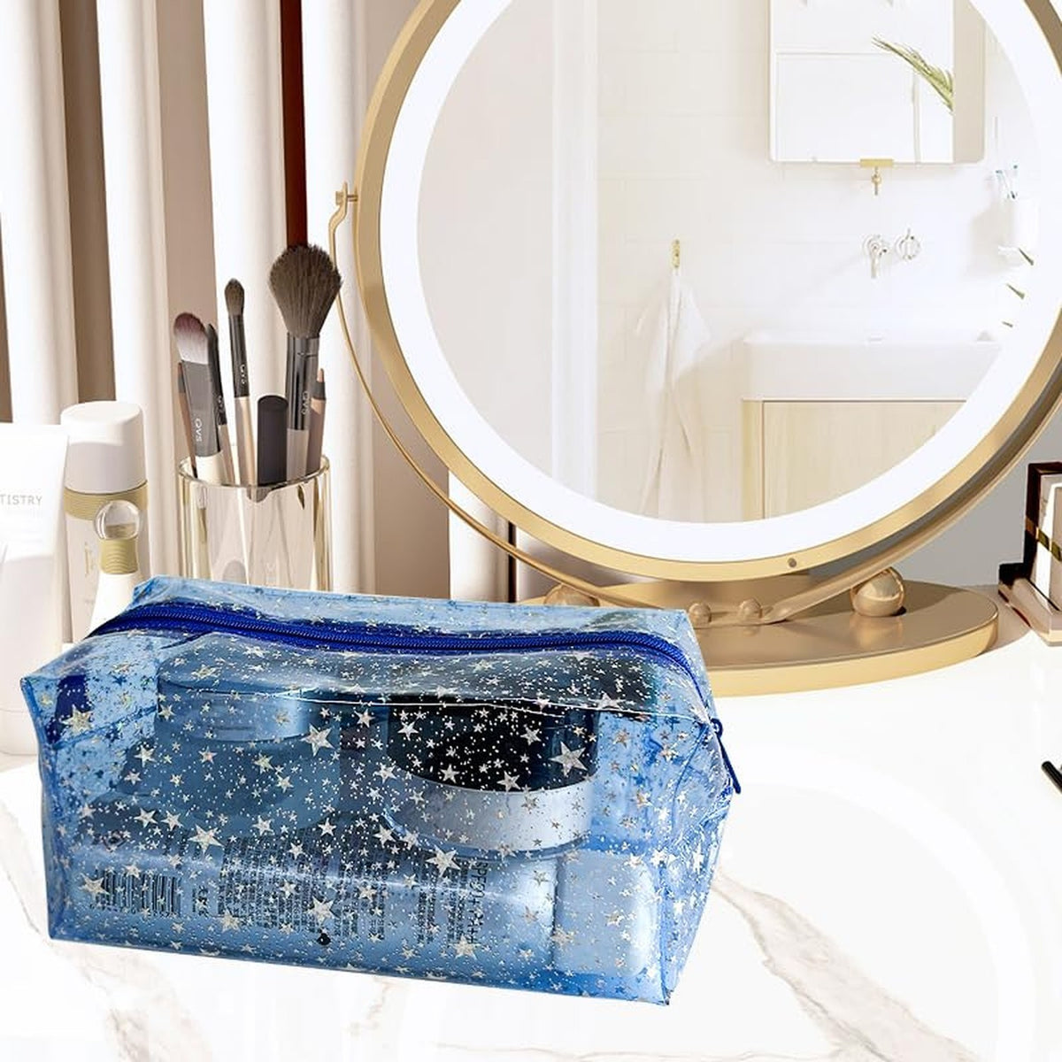Clear Waterproof Makeup Bag with Star Pattern - Travel Toiletry Organizer for Women & Girls