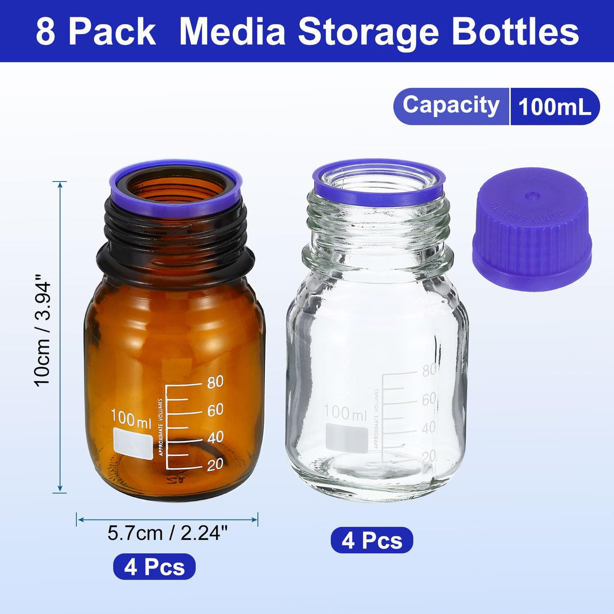 100ml Laboratory Reagent Storage Bottles 8 Pack Borosilicate Glass with Blue Caps