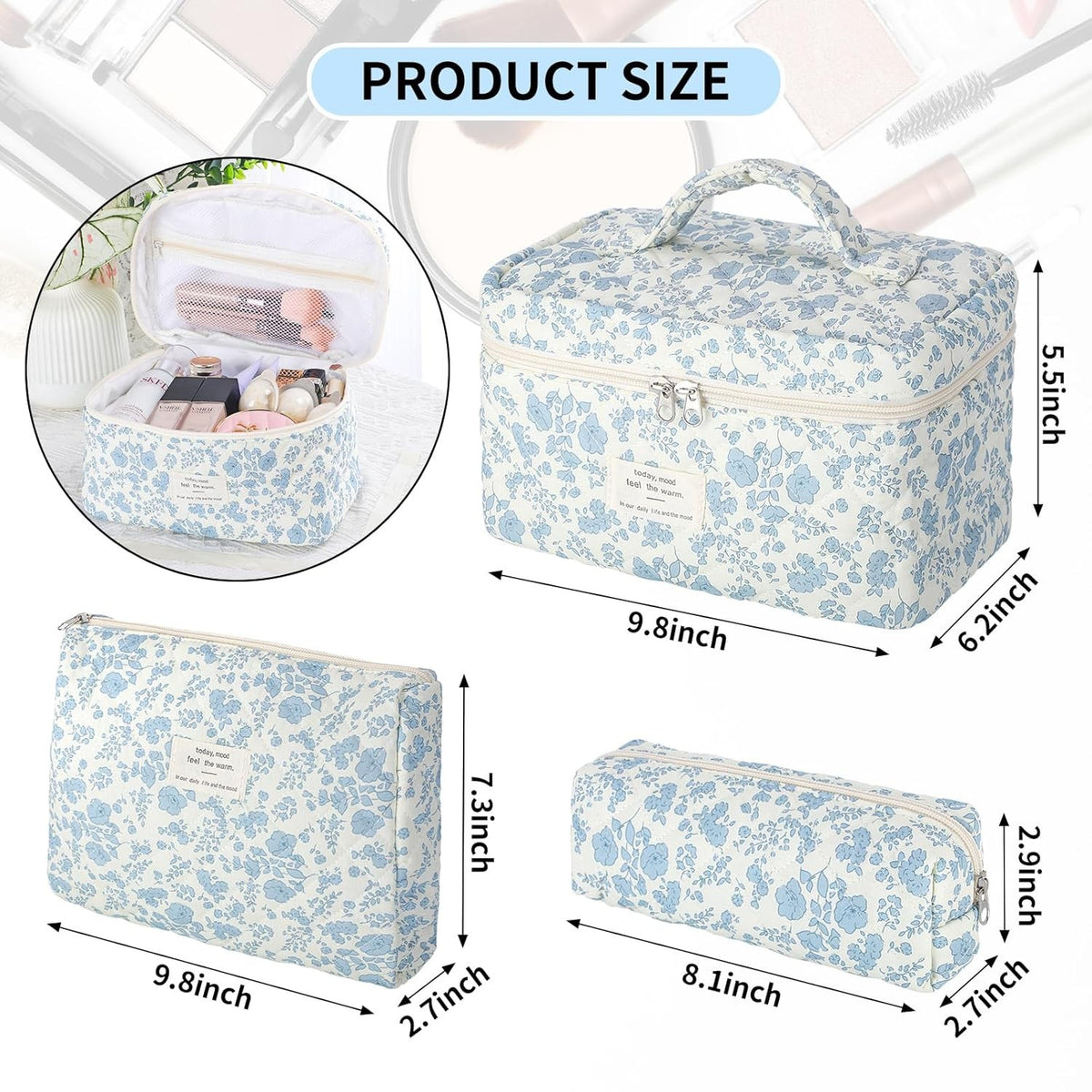 Large Floral Makeup Bag Set - Cotton Quilted Cosmetic Pouches for Women