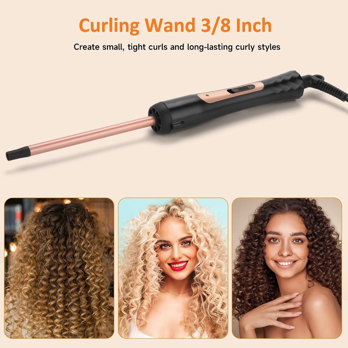 3/8 Inch Curling Wand for Tight Curls, Tourmaline Ceramic, Rose Pink