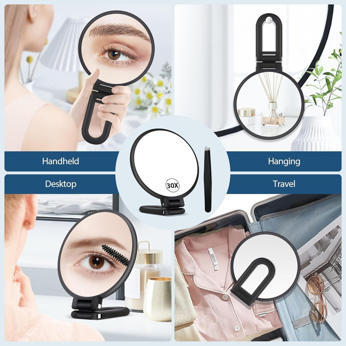 30X Magnifying Hand Mirror with Handle and Double-Sided Reflection