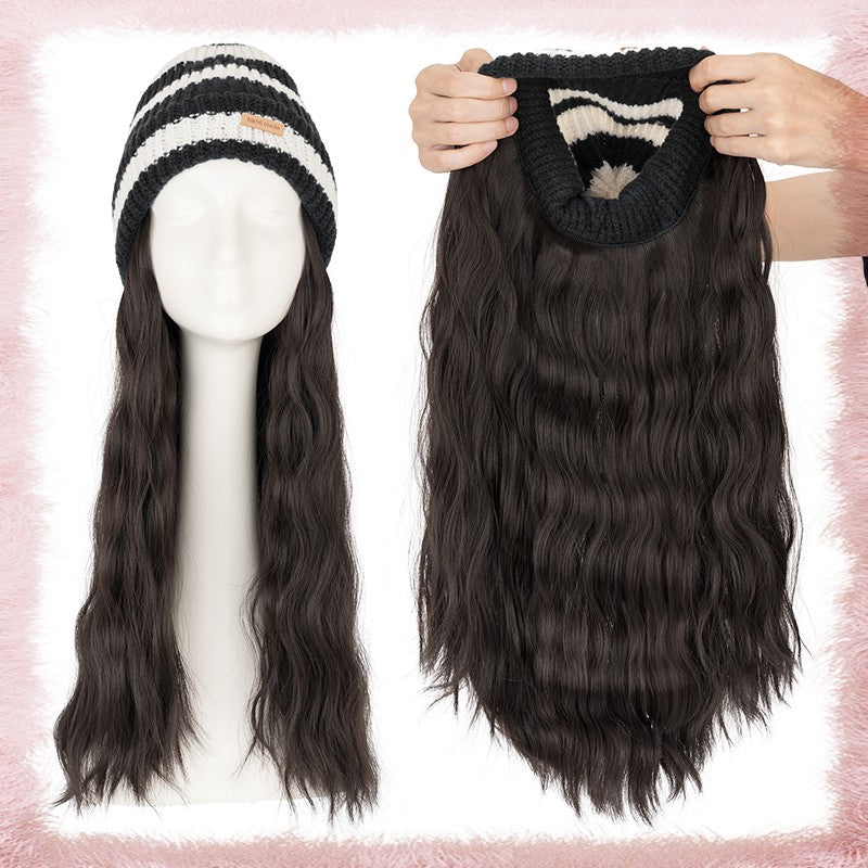 Women Knitted Wavy Wig Winter Beanie Hat - Long Curly Synthetic Hair