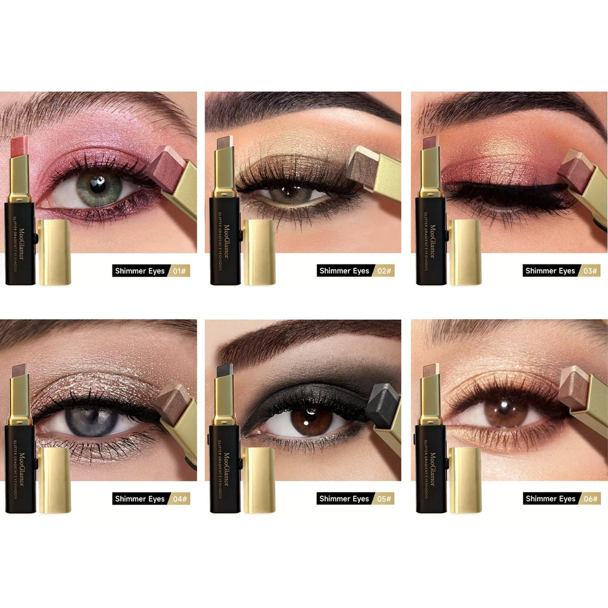 6-Pack Glitter Eye Shadow Sticks - Dual-Color, Waterproof & Smudge-Proof