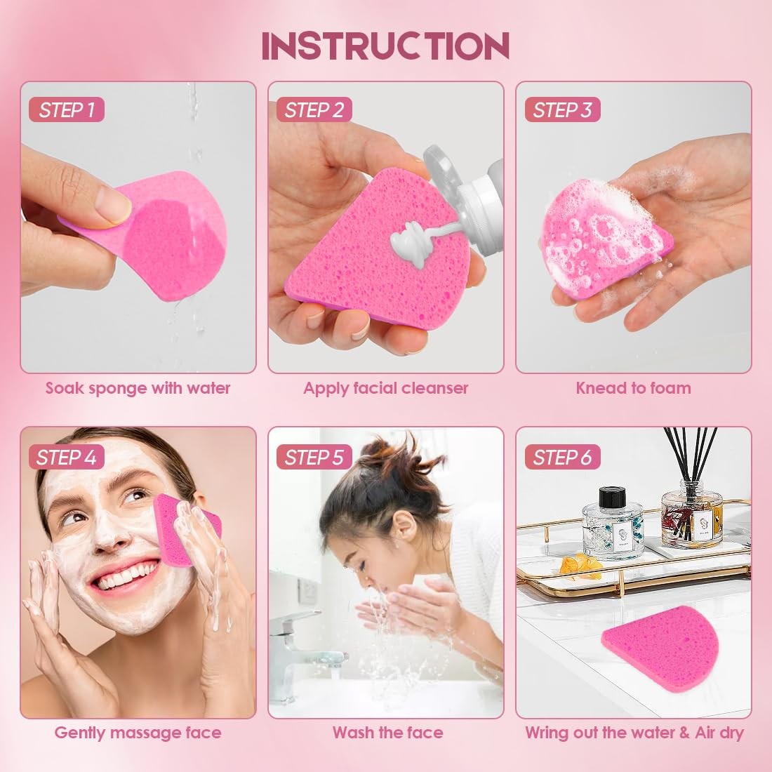Compressed Facial Sponges - Pack of 48 Triangle Pink Natural Cellulose