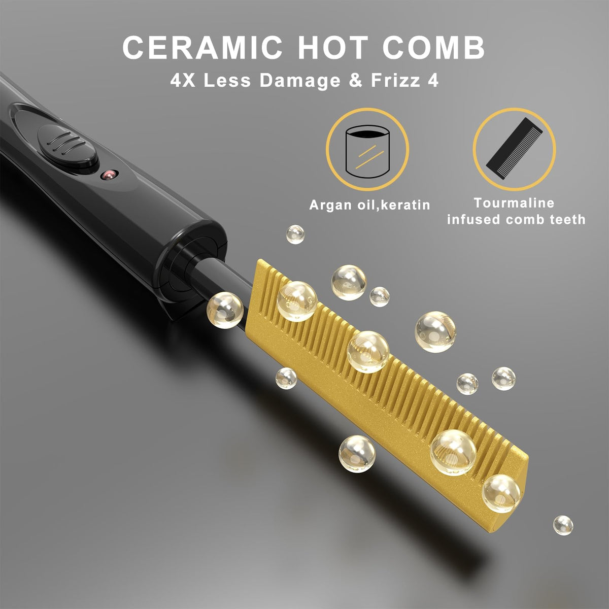 Electric Hot Comb for Natural Hair - 2 Inch Wide, Fast Heating, Gold