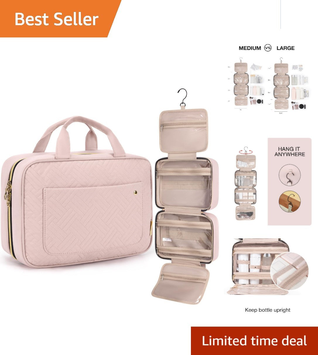 Travel Makeup Bag with Multiple Compartments & Hanging Hook – Lightweight Organizer