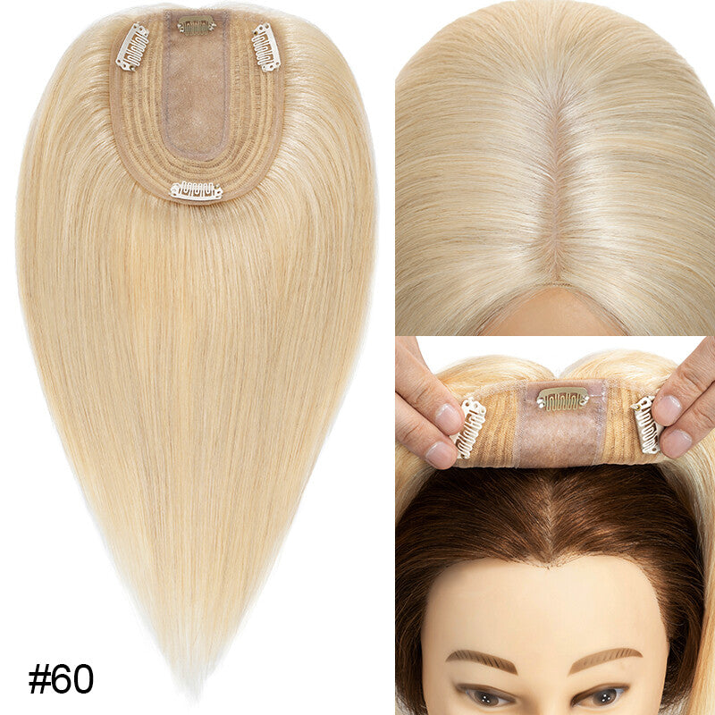 Remy Human Hair Topper Clip-In Hairpiece with Mesh Base & Claw Clips