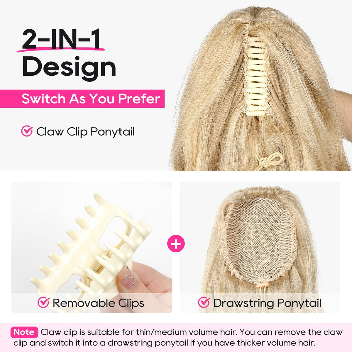 Claw Clip Ponytail Extension 24 Inch Dark Ash Blonde with Golden Ends