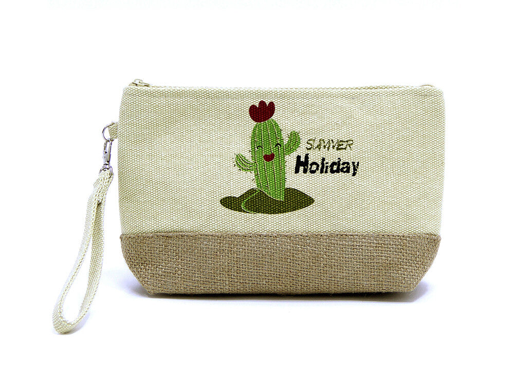 Summer Holiday Canvas Cotton & Burlap Makeup Cosmetic Pouch Bag - 9.5x5.5 Inches