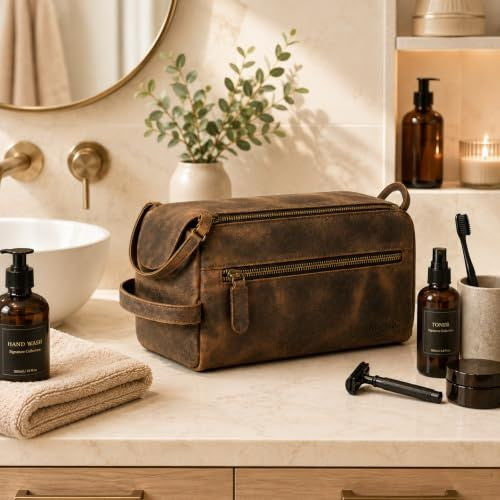 Buffalo Leather Toiletry Bag for Men & Women — Travel Organizer, Distressed Tan