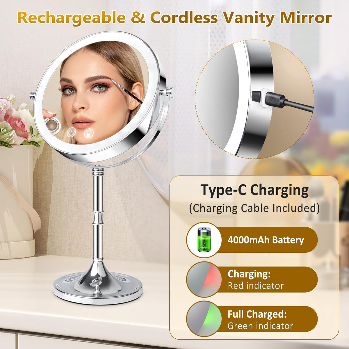 Rechargeable Double Sided Vanity Mirror with Lights 1x/10x Magnification