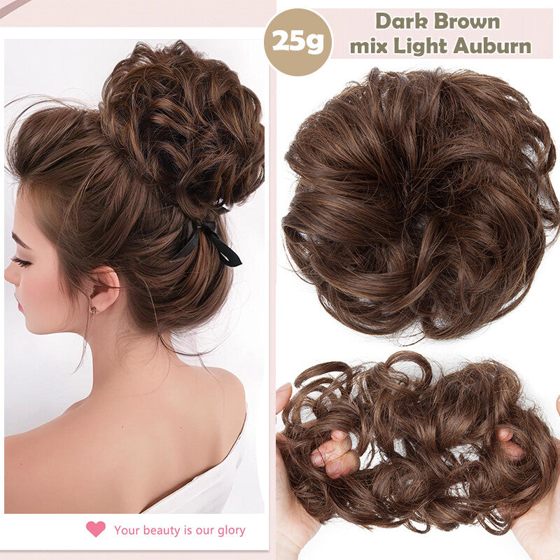 Natural Human Hair Messy Bun Ponytail Extensions with Curly Scrunchie Updo