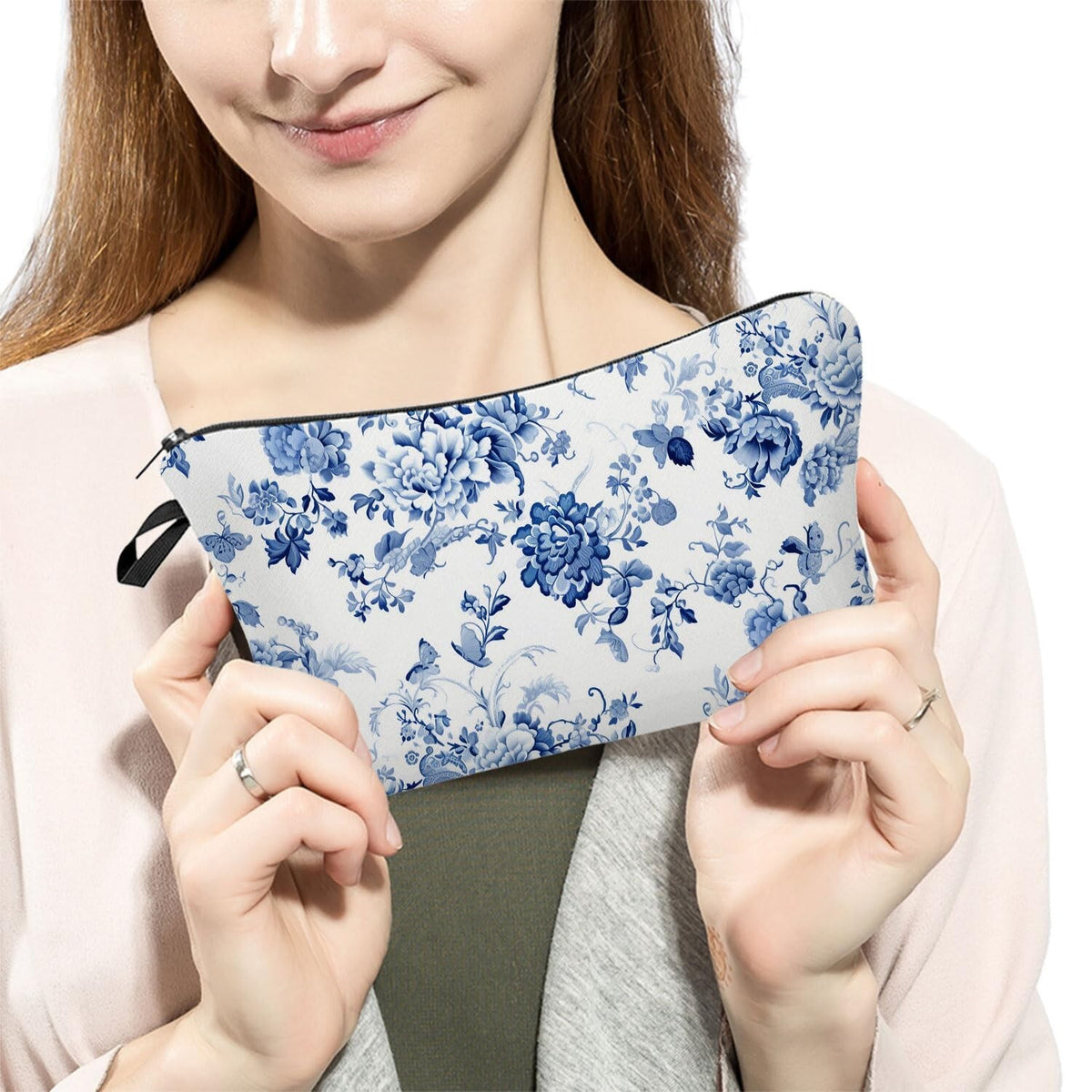 Blue and White Porcelain Cosmetic Bag for Women Small Makeup Organizer Pouch