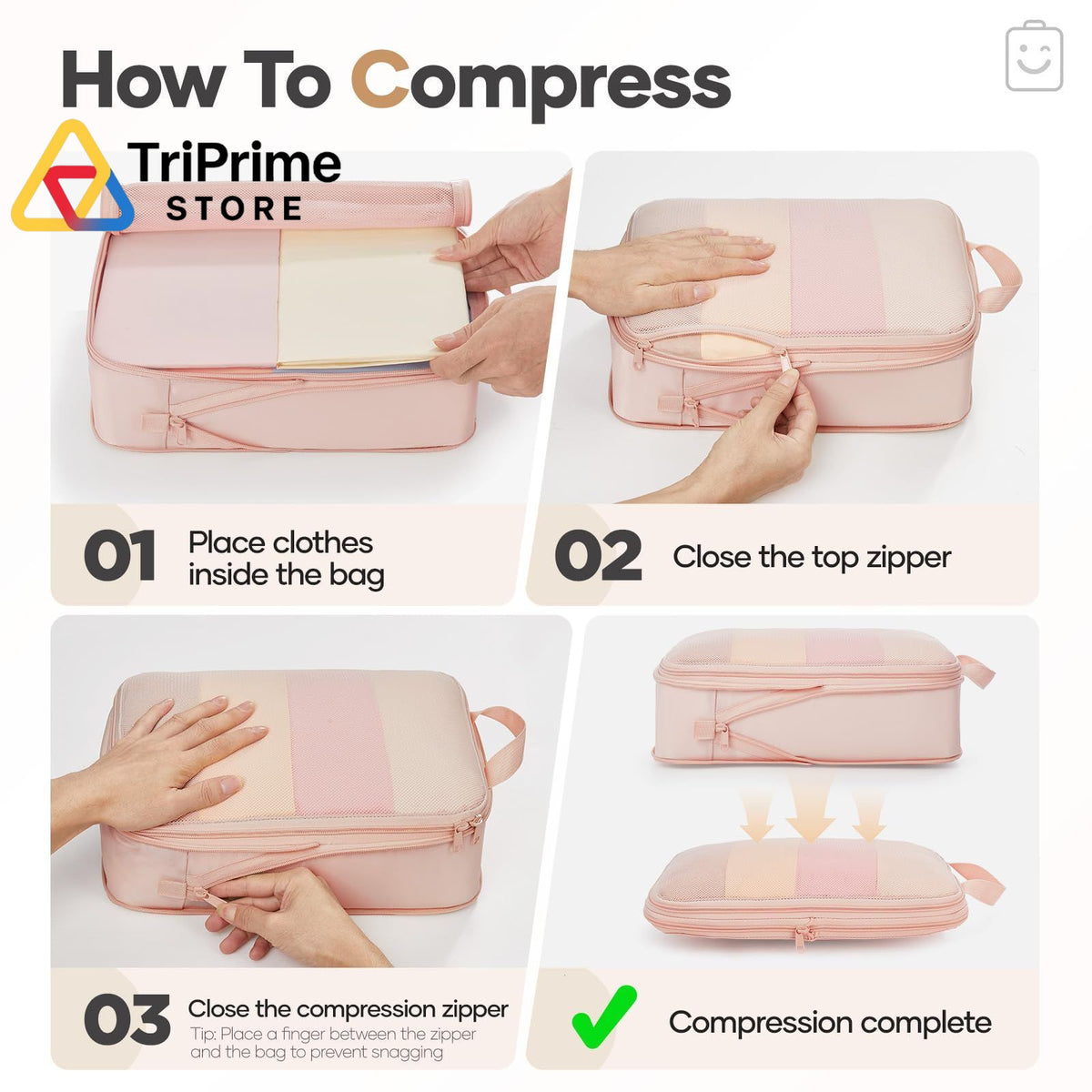Travel Compression Packing Cubes Set - 9 Pieces Luggage Organizers Beige