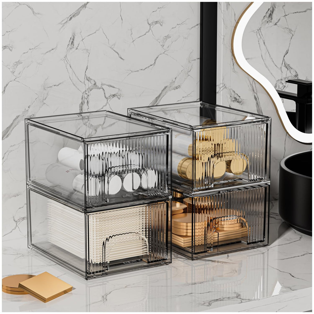 4 Pack Clear Stackable Acrylic Makeup Organizer Drawers - Cosmetic Storage