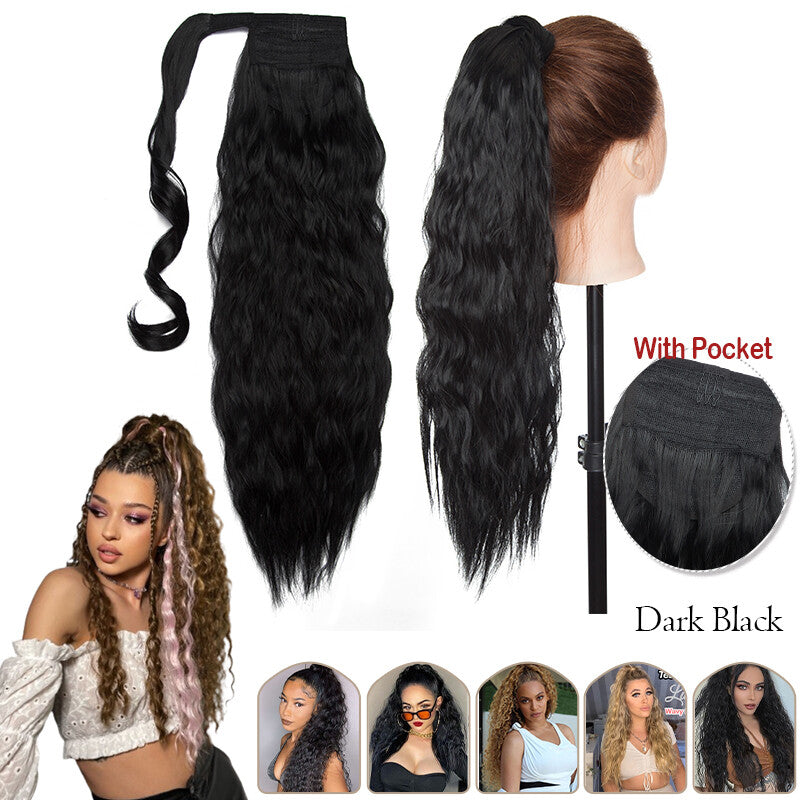 Mega Thick Wrap-On Ponytail Extensions - Natural Human Hair, Curly Wavy Straight