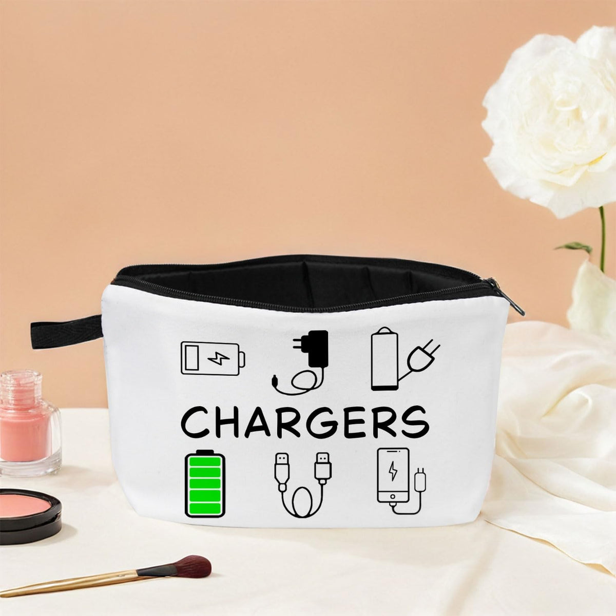 Travel Makeup Bag with Charger Print Compact Organizer for Cosmetics and Essentials